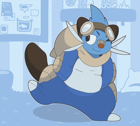 ambiguous_gender anthro band-aid band-aid_on_face band-aid_on_nose bandage bandage_on_face bandage_on_nose bedroom blue_body blue_fur brown_ears brown_tail carpet clothing cork_board detailed_background eyewear eyewear_on_head fur goggles goggles_on_head grey_whiskers hand_in_pocket head_tuft inside on_one_leg one_eye_closed onesie orange_nose pillow pockets pokemon_onesie shelf smile solo standing tail tuft whiskers alliwazoo innocentenough nintendo pokemon aqua_(innocentenough) dewott generation_5_pokemon pokemon_(species) samurott full-length_portrait hi_res portrait