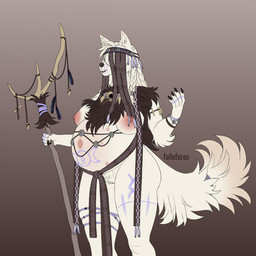 5_fingers anthro barbell_piercing belly big_belly big_breasts breasts clothed clothing female fingers fur genitals hair hair_over_eye huge_belly humanoid_hands navel nipple_barbell nipple_piercing nipples norse outie_navel piercing pregnant pregnant_anthro pregnant_female skimpy solo staff standing tail vulva white_body white_fur white_hair fullafaras inkeri canid canine canis mammal wolf 1:1 hi_res