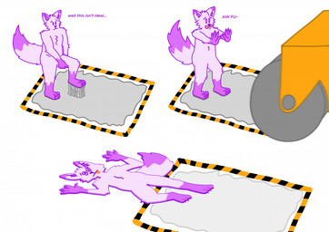 ambiguous_gender anthro cartoon_physics flattened flattening_fetish glue glue_trap paper_flattened steamroller toony qmlp isa_(qmlp) canid canine canis fox hybrid mammal wolf hi_res nonbinary_(lore)