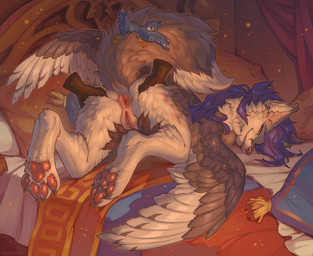 ambiguous_gender anthro anus bed bedding biped blanket blue_hair butt claws disembodied_hand duo feathers feet female feral fluffy fluffy_tail fur furniture genitals hair hand_on_butt inside looking_at_viewer lying neck_tuft nude nude_anthro nude_female on_front pawpads pillow rear_view smile tail toes tuft vulva white_body white_fur wings yellow_eyes hioshiru gabriel_serealia north_(gabriel_serealia) avian bird enfield 2026 digital_drawing_(artwork) digital_media_(artwork) male_(lore)