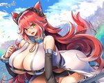 5:4 accessory animal_ears animal_humanoid armwear belt belt_bra belted_breasts big_breasts blush breasts canid canid_humanoid canine canine_humanoid cleavage clothed clothing cloud cloudy_sky collar detached_sleeves fangs female fenrir_(last_origin) gradient_hair hair hair_accessory hairband hi_res huge_breasts humanoid last_origin long_hair mammal mammal_humanoid multicolored_hair navel red_hair signature sky solo tail teeth text tongue tongue_out two_tone_hair umigarasu_(kitsune1963) url wolf_ears wolf_humanoid wolf_tail yellow_eyes