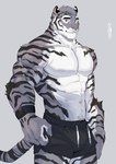 abs anthro bottomwear clothing fur hair looking_at_viewer male muscular muscular_anthro muscular_male navel nipples orange_eyes pecs simple_background smile smiling_at_viewer solo standing striped_body striped_fur stripes whisker_spots ixkouu felid mammal pantherine tiger 2021 hi_res