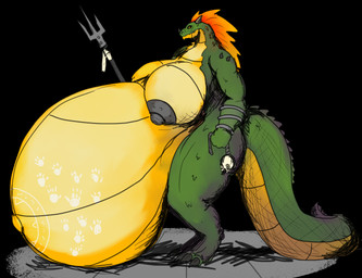 anthro bodypaint breasts female horn hyper hyper_pregnancy melee_weapon nipples non-mammal_breasts polearm pregnant solo trident weapon vwpologt dungeons_and_dragons hasbro mayternity_2026 wizards_of_the_coast lizard lizardman monster reptile scalie