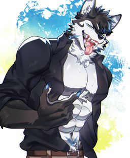abs action_pose anthro belt biceps black_body black_clothing black_fur black_hair black_shirt black_topwear blue_eyes blue_nails bodily_fluids bottomwear brown_belt brown_bottomwear brown_clothing brown_pants claws clothed clothing colored_nails drooling fangs fluffy fur grin hair heterochromia looking_at_viewer male muscular muscular_male nails open_clothing open_mouth open_shirt open_topwear pants pawpads pecs pose saliva sharp_teeth shirt smile smug solo spiky_hair sweat tail teeth tongue tongue_out topwear white_body white_fur yellow_eyes natsub_bkoge thunderrangers archermagnum canid canine canis mammal wolf absurd_res hi_res