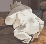 anthro backsack balls belly brown_pawpads butt claws crouching cute_fangs dirty_fur fangs fur genitals inside male monotone_body monotone_fur nude overweight overweight_anthro overweight_male pawpads short_tail smile solo tail teapot teeth white_body white_fur garouzuki bear mammal polar_bear ursine 2023 colored hi_res