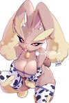 animal_print anthro bell bell_collar big_breasts bikini biped breasts brown_body brown_fur cleavage clothed clothing collar cow_print cowbell cowbell_collar eyelashes female fur kneeling legwear looking_at_viewer pink_eyes solo swimwear thigh_highs tongue tongue_out two-piece_swimsuit hotvr_(artist) nintendo pokemon bovid bovine cattle generation_4_pokemon hybrid lagomorph lopunny mammal pokemon_(species) 2:3 digital_drawing_(artwork) digital_media_(artwork) hi_res