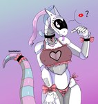 anthro blush breasts clothed clothing fangs female machine multicolored_body nipple_outline nipples partially_clothed pink_eyes simple_background smile solo suggestive tail teeth tongue tongue_out white_body spacewaifu android robot synth_(vader-san) hi_res