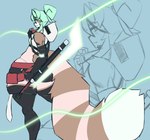 anthro back_facing_viewer clothing collar cropped_hoodie fur green_hair hair legwear pink_body pink_fur solo thick_thighs thigh_highs weapon wide_hips anuki gozer_mocha ailurid mammal red_panda 2024 hi_res