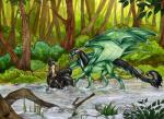 anthro black_hair brown_body brown_fur day detailed_background digitigrade duo female feral forest fur hair horn membrane_(anatomy) membranous_wings outside partially_submerged plant size_difference standing tail tree water wings natoli mythology sedyana sierra_(sierraex) canid canine dragon fox mammal mythological_creature mythological_scalie scalie 2015 traditional_media_(artwork)