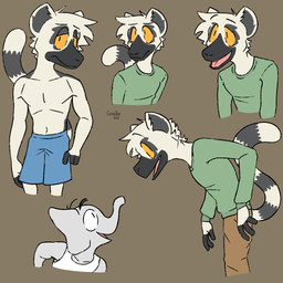 anthro athletic athletic_anthro athletic_male big_eyes black_body black_fur blue_bottomwear blue_clothing blue_shorts bottomwear brown_background brown_bottomwear brown_clothing brown_pants closed_smile clothed clothing duo eyebrows featureless_chest fully_clothed fur green_clothing green_shirt green_topwear happy lidded_eyes looking_at_viewer male male_anthro markings mouth_closed multicolored_body multicolored_fur navel open_mouth open_smile pants pecs proboscis_(anatomy) raised_tail shirt shorts shorts_only simple_background size_difference smile snout standing striped_markings striped_tail stripes tail tail_markings tank_top topless topwear trunk_(anatomy) white_body white_clothing white_fur white_shirt white_tank_top white_topwear yellow_sclera cosmicboy02 elephant elephantid lemur mammal primate proboscidean ring-tailed_lemur strepsirrhine 1:1 2022 dated digital_media_(artwork) flat_colors multiple_images signature