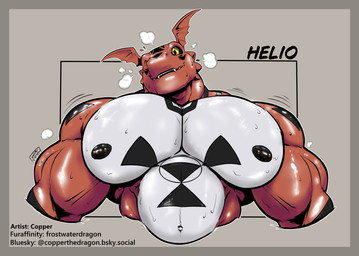 anthro barbell_piercing biceps big_muscles big_pecs black_body_markings bodily_fluids border glistening glistening_body glistening_skin grey_border male markings muscular muscular_anthro muscular_male navel nipple_barbell nipple_piercing nipples one_eye_closed pecs piercing red_body simple_background smile solo steam sweat white_body wink yellow_eyes dagnoblue bandai_namco digimon digimon_(species) guilmon absurd_res bust_portrait hi_res portrait