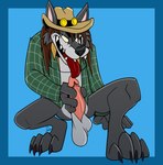 anthro balls biped clothed clothing cowboy_hat crouching erection feet fur genitals hair hat headgear headwear humanoid_genitalia humanoid_penis long_snout looking_at_viewer male nude open_mouth penile penis sharp_teeth simple_background smile snout solo teeth toes tongue tongue_out fatalsyndrome stuart_k_reilly_(character) canid canine canis coyote mammal digital_media_(artwork) hi_res