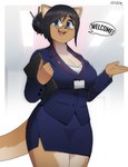 5_fingers anthro big_breasts black_hair bottomwear breasts businesswear clipboard clothed clothing eyewear female fingers front_view fully_clothed fur glasses hair hair_bun holding_object looking_at_viewer skirt smile solo standing suit tail tan_body tan_fur 00niine canid canine mammal absurd_res digital_media_(artwork) hi_res