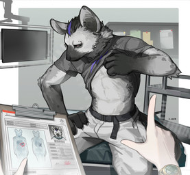 ambiguous_gender anthro belt bottomwear claws clothed clothing clothing_lift duo ear_piercing eyebrow_piercing eyes_closed facial_piercing first_person_view fur grey_body grey_fur hair male male_focus medical oripathy_lesion pants piercing shirt shirt_lift shirt_up solo_focus tail topwear tuft o_tout0 arknights hypergryph studio_montagne spot_(arknights) hyena mammal spotted_hyena 2026 absurd_res digital_media_(artwork) hi_res
