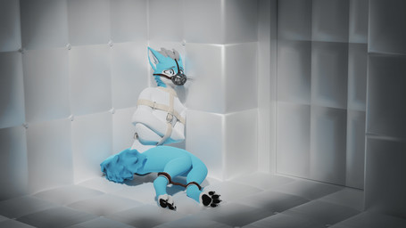 anthro cuff_(restraint) leather leather_cuffs male muzzle_(object) muzzled padded_room restrained restraints sitting sitting_on_ground solo straitjacket freezienator thiritin canid canine canis domestic_dog husky mammal nordic_sled_dog spitz 16:9 hi_res story_at_source widescreen
