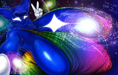 anthro big_breasts blue_body blue_fur breasts clothing crossgender dress eyebrows female fur galaxy gesture hand_gesture huge_breasts hyper hyper_breasts intergalactic_macro mtf_crossgender multicolored_clothing multicolored_dress neck_tuft nipple_outline solo tuft v_sign nightlyflare quasar_(nightlyflare) canid canine fox mammal 2026 hi_res male_(lore)