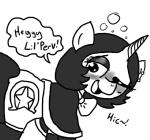 blush clothing cutie_mark drunk ear_piercing equid equine fan_character female feral ficficponyfic hasbro horn joyride_(colt_quest) mammal monochrome my_little_pony mythological_creature mythological_equine mythology piercing ribbons simple_background solo substance_intoxication text unicorn white_background