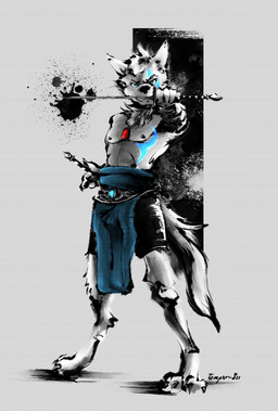 anthro blue_clothing clothed clothed_male clothing dual_wielding fur holding_object holding_weapon ink_splatter jewelry male male_anthro melee_weapon pendant solo standing sword weapon white_body white_fur tempomcflurry far_beyond_the_world_(series) tano_(far_beyond_the_world) canid canine canis mammal wolf 2021 absurd_res dated full-length_portrait hi_res portrait signature