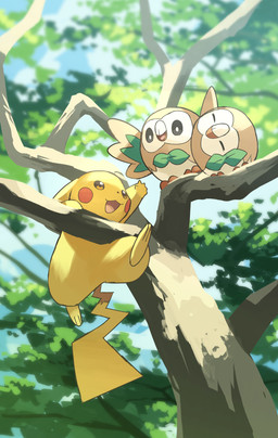 ambiguous_gender anthro beak brown_eyes climbing climbing_tree eyes_closed feathered_wings feathers feral group in_tree male open_beak open_mouth paws plant semi-anthro tail tan_body tan_feathers tongue tree trio wings yellow_body hakkentai_pkdn nintendo pokemon avian bird generation_1_pokemon generation_7_pokemon owl pikachu pokemon_(species) rowlet 2025 hi_res