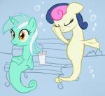 alternate_species annoyed duo female horn sitting arrkhal friendship_is_magic hasbro my_little_pony mythology bonbon_(mlp) lyra_heartstrings_(mlp) equid equine fish mammal marine mythological_creature mythological_equine seahorse syngnathid syngnathiform unicorn