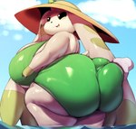 anthro big_breasts big_butt breasts butt butt_grab clothing disembodied_hand female green_clothing grope groping_from_behind hand_on_butt hat headgear headwear huge_breasts huge_butt long_ears looking_back outside rear_view swimwear water trinity-fate62 bandai_namco digimon digimon_(species) terriermon 2024 absurd_res digital_media_(artwork) hi_res