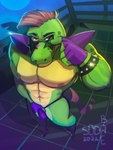 abs anthro areola biceps biped bulge clothed clothing eyebrows eyewear green_body green_scales looking_at_viewer male mohawk muscular muscular_anthro muscular_male nipples non-mammal_nipples pecs pose scales smile solo star_sunglasses sunglasses tan_body tan_scales thong topless underwear sodabae five_nights_at_freddy's five_nights_at_freddy's:_security_breach scottgames steel_wool_studios montgomery_gator alligator alligatorid crocodilian reptile scalie 2022 digital_media_(artwork) hi_res pinup