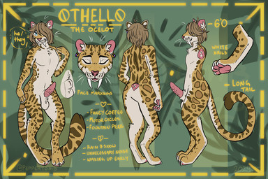 animal_genitalia animal_penis anthro brown_hair claws ear_piercing ear_ring fangs feline_genitalia feline_penis genitals hair male markings pawpads penis piercing pronouns ring_piercing sabertooth_(anatomy) solo spots spotted_body spotted_nose stated_height stated_pronouns teeth white_claws peppertomb othello_(othelloocelot) felid feline leopardus mammal ocelot 3:2 model_sheet nonbinary_(lore)