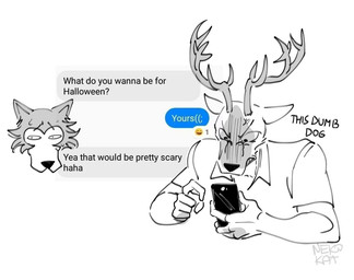angry anthro antlers athletic bodily_fluids camera clenched_teeth clothed clothing duo electronics emoji fur grey_body grey_fur holding_object holding_phone holidays horn humor kemono male male/male multicolored_body multicolored_fur phone rejection shirt shy simple_background sweat sweatdrop teeth text texting topwear two_tone_body two_tone_fur vein white_background nekokat42 beastars halloween legoshi_(beastars) louis_(beastars) canid canine canis cervine deer mammal northwestern_wolf red_deer wolf 2019 english_text signature