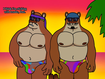 anthro blue_clothing blue_speedo blue_swimwear brown_nose clothed clothing dialogue duo eyewear facial_hair finger_in_speedo gradient_background gradient_water green_clothing green_speedo green_swimwear grey_text hat headgear headwear kerchief male multi_colored_speedo mustache navel nipples open_mouth palm_tree pattern_speedo plant purple_clothing purple_speedo purple_swimwear red_clothing red_speedo red_swimwear simple_background smile speedo speedo_only sunglasses swimwear text toony topless tree yellow_clothing yellow_speedo yellow_swimwear eddicus cody_(eddicus) rob_(eddicus) cougar felid feline mammal 4:3 english_text hi_res father_(lore) father_and_child_(lore) father_and_son_(lore) parent_(lore) parent_and_child_(lore) parent_and_son_(lore) son_(lore)