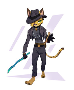3_toes anthro arnis barefoot belt bottomwear clothing collar collared_shirt dress_shirt ear_piercing ear_ring facial_markings fedora feet female fur gloves green_eyes hair hair_over_eye handwear hat head_markings head_tuft headgear headwear holding_object holding_weapon long_tail looking_at_viewer markings one_eye_obstructed pants piercing pointy_ears pupils ring_piercing shirt simple_background slit_pupils solo spots spotted_body spotted_fur striped_markings stripes tail toes topwear tuft weapon yellow_body yellow_fur ruffu pepper_in_the_sandbox pepper_(ruffu) felid feline mammal serval digital_drawing_(artwork) digital_media_(artwork)