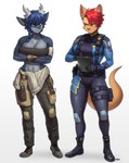 anthro biped blue_hair clipboard clothing duo female footwear hair horn shoes tools wrench pgm300 rouken canid canine fox kangaroo macropod mammal marsupial 2023 absurd_res digital_media_(artwork) full-length_portrait hi_res portrait signature