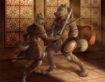 2016 5_fingers aardwolf anthro armor barefoot battle black_nose claws clothed clothing detailed detailed_fur duo ear_piercing feet fight fingers fur grey_body grey_fur hair holding_melee_weapon holding_object holding_sword holding_weapon hyena inside knee_pads lochan male mammal melee_weapon piercing plate_armor red_lantern rukis scarf shield shoulder_guards spotted_hyena standing story story_in_description stripes sword teeth vambrace weapon