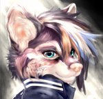 anthro blue_eyes looking_at_viewer male pink_nose smile solo text aetherfolly indigo canid canine canis mammal wolf bust_portrait english_text portrait signature