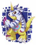 ambiguous_gender blue_body blue_fur claws fangs fur horn purple_claws red_eyes simple_background solo teeth white_background yellow_body yellow_skin sarah_richford bandai_namco digimon digimon_(species) gabumon reptile scalie hi_res