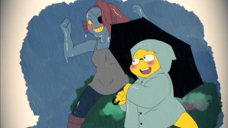 anthro blue_body blue_skin canon_couple clothed clothing coat duo eye_patch eyewear glasses hair raincoat raining rectangular_glasses red_hair romantic romantic_couple round_glasses topwear umbrella yellow_body yellow_skin alpi undertale undertale_(series) alphys undyne aquatic fish lizard reptile scalie 16:9 2019 archived_source widescreen