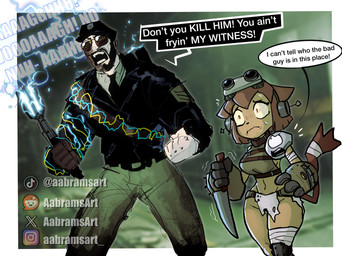 4_fingers 5_fingers abstract_background anthro armor beard bodily_fluids bottomwear breasts brown_body brown_eyes brown_fur brown_hair cattle_prod clothing crop_top curvy_figure cutlery dialogue duo eyewear eyewear_on_head facial_hair female fingers fluffy fluffy_tail fur gauntlets gloves goggles goggles_on_head green_clothing green_crop_top green_shirt green_topwear hair handwear hourglass_figure instagram_logo kitchen_knife kitchen_utensils knife light-skinned_male light_body light_skin loincloth long_tail male medium_breasts motion_lines night_vision_goggles pauldron police police_hat police_officer police_uniform reddit_logo shirt small_waist sunglasses sweat sweatdrop tail text thick_thighs tiktok_logo tools topwear uniform voluptuous voluptuous_anthro voluptuous_female wide_hipped_anthro wide_hipped_female wide_hips x_logo aabramsart gameoverse glitch_productions instagram outlast reddit the_outlast_trails tiktok x_(social_media) kit_bodega leland_coyle domestic_cat felid feline felis human mammal 2026 artist_name crossover digital_drawing_(artwork) digital_media_(artwork) english_text hi_res url watermark