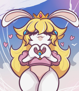 anthro blonde_hair blue_ear_piercing blue_sky bottomless bottomless_anthro bottomless_female closed_smile clothed clothed_female clothing cloud crown ear_piercing eyelashes eyelashes_through_hair eyes_closed female female_anthro flat_chested front_view fur gem gesture hair hand_pawpads headgear heart_gesture heart_symbol hearts_around_head light long_ears long_hair mitten_hands mouth_closed multicolored_body noseless outside pawpads piercing pink_clothing pink_shirt pink_topwear ruby_(gem) sapphire_(gem) shirt sky smile smoke solo tan_body tan_inner_ear tan_pawpads tan_skin thick_thighs topwear translucent translucent_hair two_tone_body white_body white_fur naviclenek0 mario_bros mario_plus_rabbids_kingdom_battle nintendo raving_rabbids rayman_(series) ubisoft rabbid_peach lagomorph mammal rabbid 2024 colored crossover digital_drawing_(artwork) digital_media_(artwork) english_description hi_res lighting portrait redraw shaded three-quarter_portrait