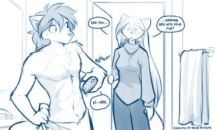 anthro biped bottomwear breasts claws clothed clothed_anthro clothed_female clothing duo female fingers front_view fully_clothed fully_clothed_anthro fully_clothed_female fur hair male navel nude nude_anthro nude_male open_mouth standing tail text topwear conditional_dnp tom_fischbach twokinds raine_silverlock zen_(twokinds) keidran 2026 blue_and_white digital_drawing_(artwork) digital_media_(artwork) english_text hi_res monochrome