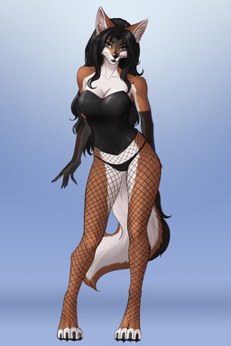 anthro armwear clothing female fishnet_armwear fishnet_clothing fishnet_legwear fishnet_pantyhose legwear love pantyhose solo elvofirida wildwind canid canine canis mammal wolf 2:3 absurd_res hi_res