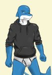 anthro blush briefs clothing fist grey_clothing grey_hoodie grey_topwear heterochromia hoodie hoodie/briefs_meme looking_at_viewer male shark_tail simple_background solo standing tan_background topwear underwear white_briefs white_clothing white_underwear krahs_tsai krahs_(krahs_tsai) fish marine shark absurd_res hi_res meme