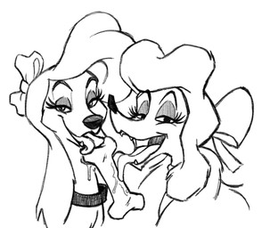 accessory black_nose bodily_fluids bone bow_ribbon collar duo fangs female feral hair_accessory hair_bow hair_ribbon half-closed_eyes licking looking_at_viewer narrowed_eyes open_mouth ribbons saliva simple_background teeth tongue tongue_out white_background 4chan_anon disney oliver_and_company the_fox_and_the_hound dixie_(tfath) georgette_(disney) canid canine canis domestic_dog hunting_dog mammal poodle saluki sighthound 2025 black_and_white greyscale hi_res monochrome
