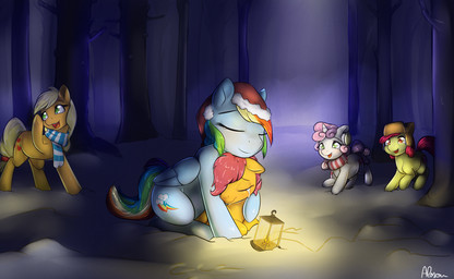 blonde_hair blue_body blue_fur cutie_mark eyes_closed female feral forest fur group hair horn lamp lantern night orange_body orange_fur outside plant purple_hair smile snow tree wings alasou friendship_is_magic hasbro my_little_pony mythology apple_bloom_(mlp) applejack_(mlp) rainbow_dash_(mlp) scootaloo_(mlp) sweetie_belle_(mlp) equid equine mammal mythological_creature mythological_equine pegasus unicorn hi_res