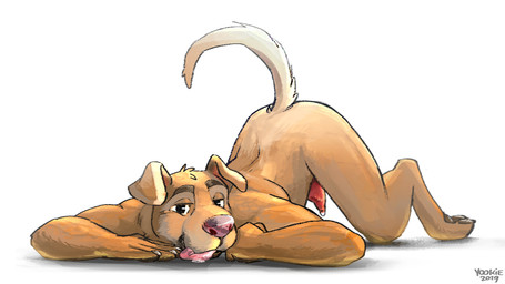 animal_genitalia animal_penis anthro ass_up biped brown_body brown_ears brown_eyebrows brown_fur brown_pawpads canine_genitalia canine_penis claws erection eyebrows finger_claws floppy_ears fur genitals glistening glistening_eyes grey_claws looking_at_viewer lying male nude on_front pawpads penis pink_tongue red_penis saliva_on_ground shadow simple_background solo tongue tongue_out white_background yookie canid canine canis domestic_dog mammal 16:9 2019 dated signature widescreen