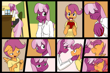 age_difference anthro anthrofied apple band-aid bandage bedroom_eyes blush bottomwear chalkboard classroom clothing desk duo feathered_wings feathers female female/female food fruit furniture green_eyes hair heart_symbol information_board kiss_on_lips kissing multicolored_hair narrowed_eyes orange_body orange_feathers pencil_(object) pink_hair plant purple_body purple_eyes purple_hair school seductive shirt skirt student table tail teacher teacher_and_student topwear two_tone_hair wings writing_utensil young kloudmutt friendship_is_magic hasbro my_little_pony mythology cheerilee_(mlp) scootaloo_(mlp) earth_pony equid equine horse mammal mythological_creature mythological_equine pegasus pony 2012 3:2 absurd_res comic digital_media_(artwork) hi_res sequence