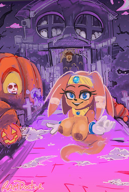 anthro areola big_areola big_breasts big_nipples blue_eyes breasts clothing female ghost_tail gloves gloves_only handwear handwear_only huge_areola huge_breasts huge_nipples jack-o'-lantern looking_at_viewer mostly_nude nipples open_mouth open_smile orange_body smile smiling_at_viewer solo tan_body ramdoctor sega sonic_adventure sonic_the_hedgehog_(series) tikal_the_echidna echidna ghost mammal monotreme spirit 2025 hi_res