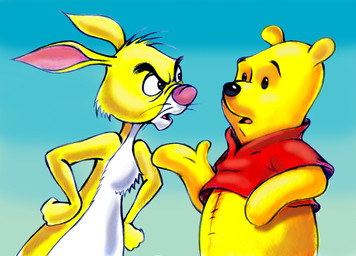 annoyed anthro arms_bent beady_eyes black_eyebrows black_eyes black_nose blue_background bottomless bottomless_anthro bottomless_male clothed clothed_anthro clothed_male clothing duo eye_contact eyebrows fist fur furrowed_eyebrows gradient_background hands_on_own_hips light long_ears looking_at_another male mitten_hands multicolored_body multicolored_fur nude_anthro nude_male open_mouth pink_inner_ear pink_nose pink_tongue plushie red_clothing red_shirt red_topwear seam_(sewing) shirt simple_background tongue topwear two_tone_body two_tone_fur whiskers white_body white_fur yellow_body yellow_fur zdrer456 disney winnie_the_pooh_(franchise) pooh_bear rabbit_(winnie_the_pooh) animate_inanimate bear lagomorph leporid living_plushie mammal rabbit 2011 colored english_description lighting marker_(artwork) shaded traditional_media_(artwork)