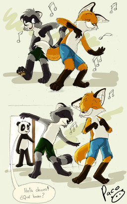 anthro black_body black_fur blue_bottomwear blue_clothing blue_shorts bottomwear cheek_tuft closed_smile clothed clothing dancing eyes_closed facial_markings facial_tuft fur gloves_(marking) green_bottomwear green_clothing green_shorts grey_body grey_fur group head_markings head_tuft leg_markings male markings mask_(marking) mouth_closed open_mouth open_smile orange_body orange_fur shorts smile socks_(marking) standing topless trio tuft white_body white_fur young young_anthro young_male pandapaco art_(pandapaco) biro_(pandapaco) parinton bear canid canine fox giant_panda mammal procyonid raccoon hi_res