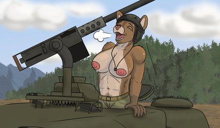 abs anthro armor armored_vehicle belt bodily_fluids bottomwear breasts breath clothed clothing eyes_closed fangs female forest fur gun headgear heavy_machine_gun helmet machine machine_gun navel nipples open_mouth outside pants plant ranged_weapon solo sweat tank_(vehicle) teeth tongue topless topless_anthro topless_female tree turret vehicle weapon panzerschreckleopard carol_shepherd cougar felid feline mammal 2025 hi_res signature