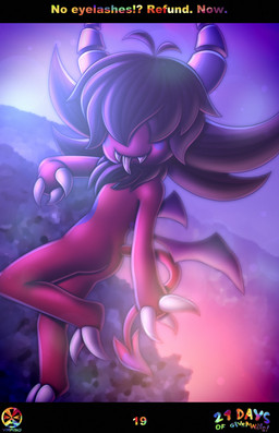 abstract_background ahoge ambiguous_gender anthro chibi claws covered_eyes fangs flying hair hair_over_eye hair_over_eyes horn lens_flare neck_tuft one_eye_obstructed smile solo spade_tail tail teeth text tongue tongue_out tuft wings vrabo imp 2021 absurd_res hi_res