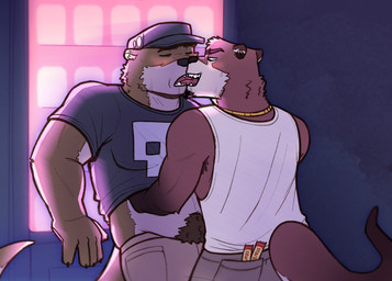 5_fingers brown_body brown_fur claws clothing duo eyes_closed fingers french_kissing fur hat headgear headwear humanoid_hands kissing male male/male pubes gatto_gateau echo_(game) echo_(series) echo_project sydney_bronson mammal mustelid otter 2025 colored hi_res